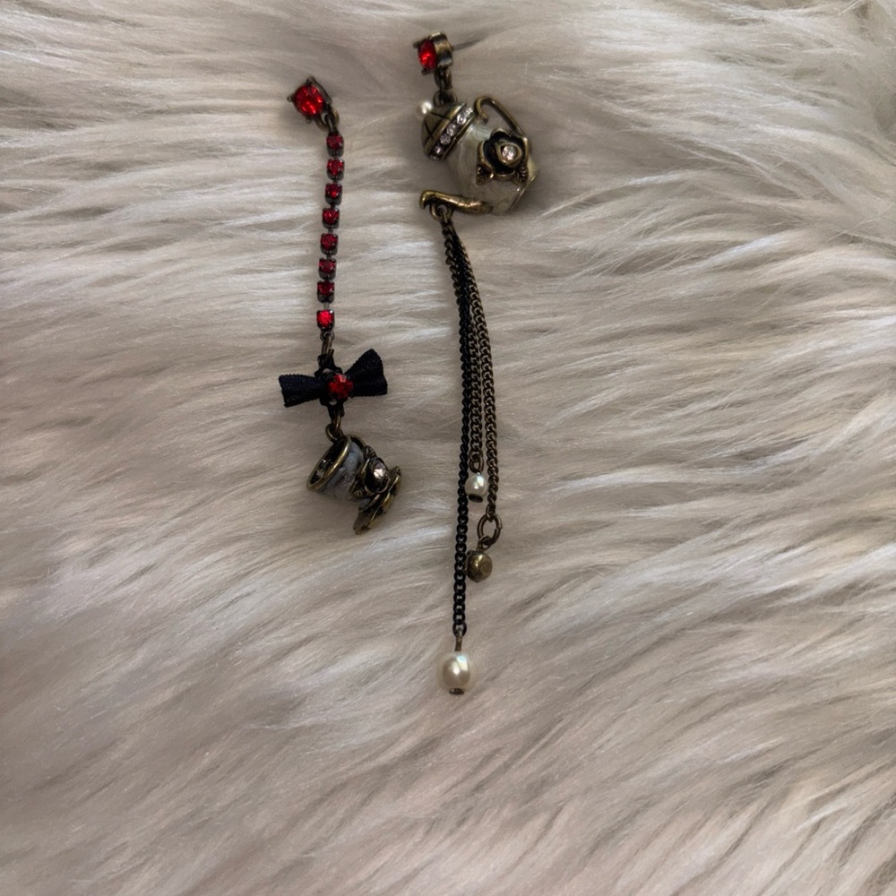 Betsey Johnson Asymmetrical Red Crystal Teacup Dangle Earrings